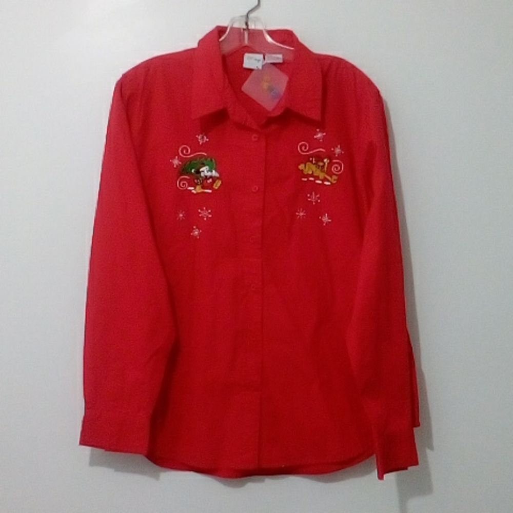 Disney red button down Mickey and Pluto Christmas long sleeve top